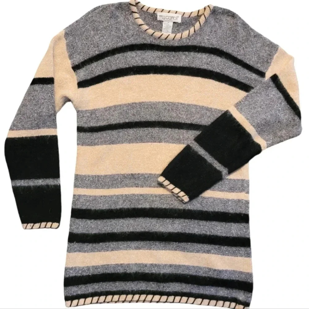 M.J. CARROLL Silk Angora Lambswool striped color block tunic sweater M Vintage